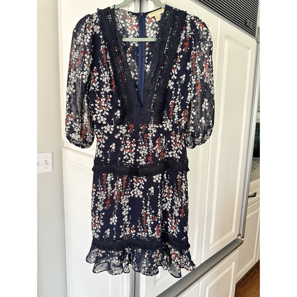 DARK PINK London Floral Mini Dress Women's Size 6 Navy Blue Tiered Lace Fringe